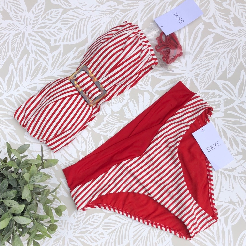 Skye Swimwear | Bikini Set With Bandeau in Red and White Sear-sucker